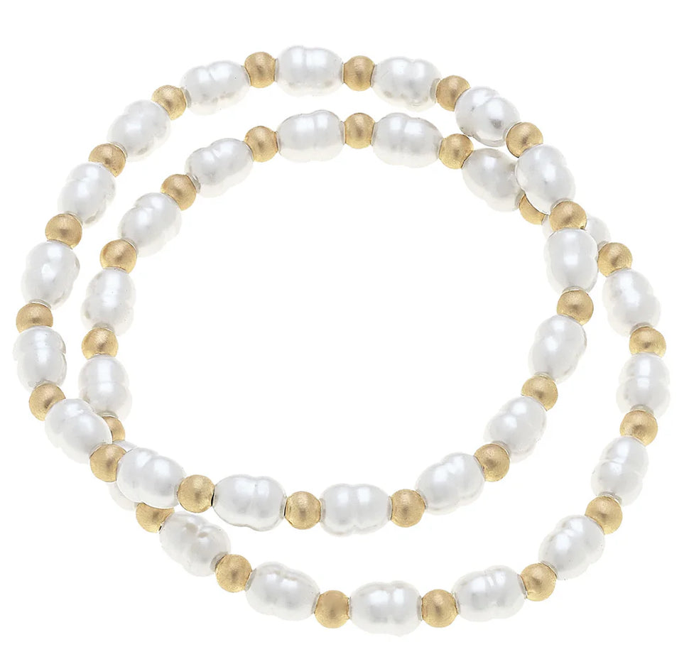 Canvas Carly Ball Bead & Pearl Stretch Bracelets (Sets Of 2) In Satin Gold