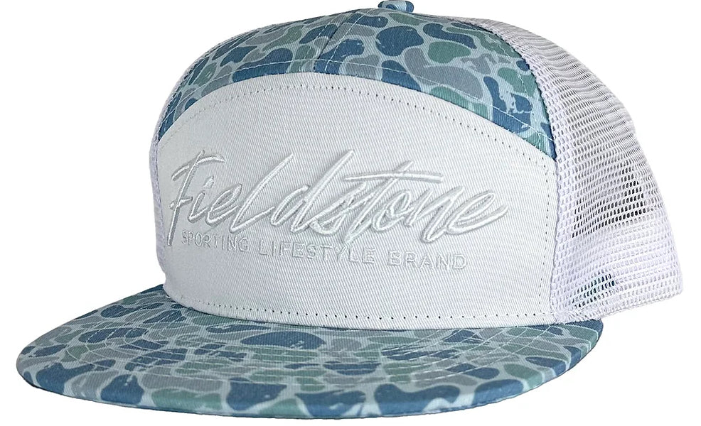 Fieldstone 7 Panel Blue Backwoods Script Hat Camo