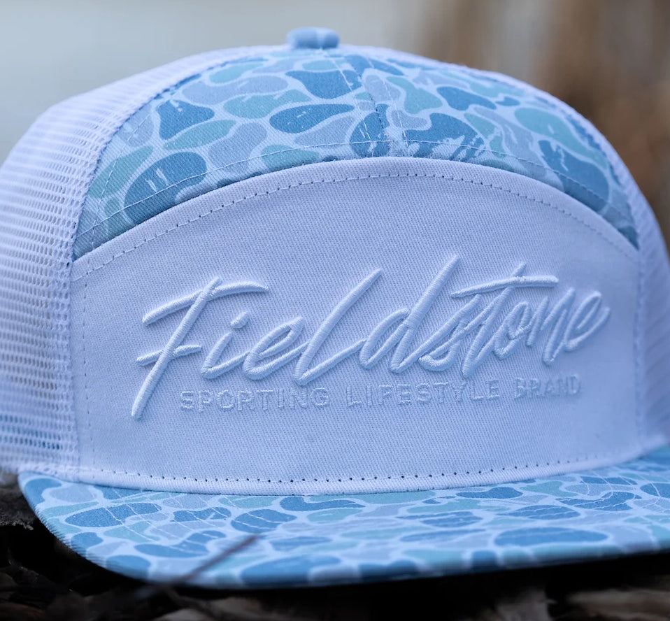 Fieldstone 7 Panel Blue Backwoods Script Hat Camo
