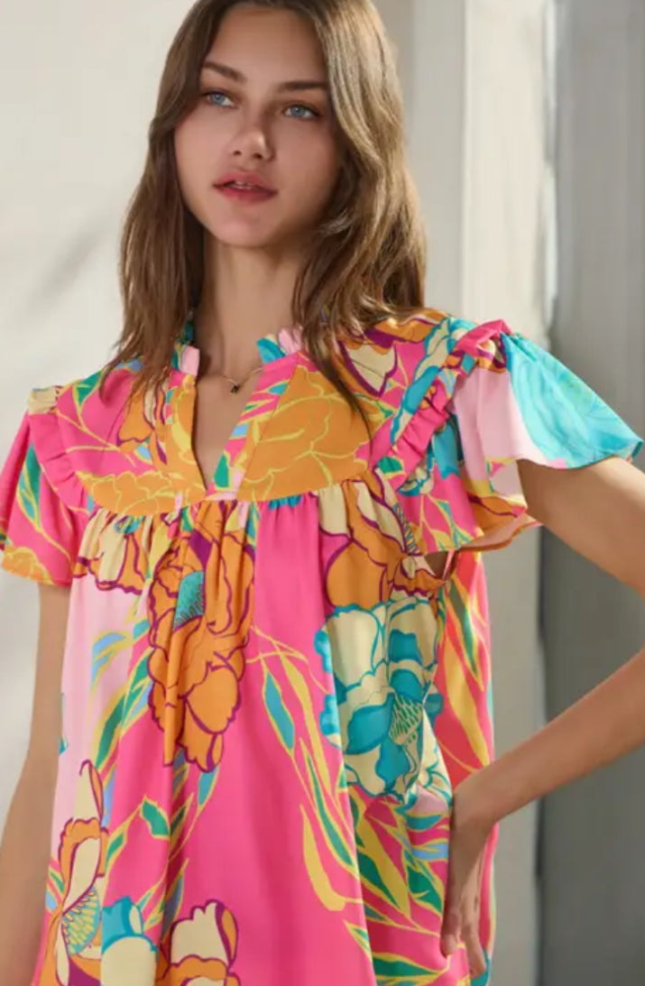 Oddi Floral Printed Ruffle Sleeve Blouse Featuring v-Neck with Ruffle neck band