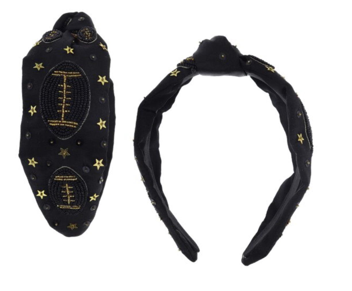 Jane Marie Gold Star And Black Sequins With Black And Gold Beaded Football on Knotted Black Headband