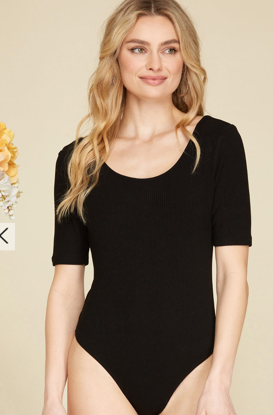 She & Sky S4435 Half Sleeve Ribbed Knit Scoop Neck Bodysuit Black