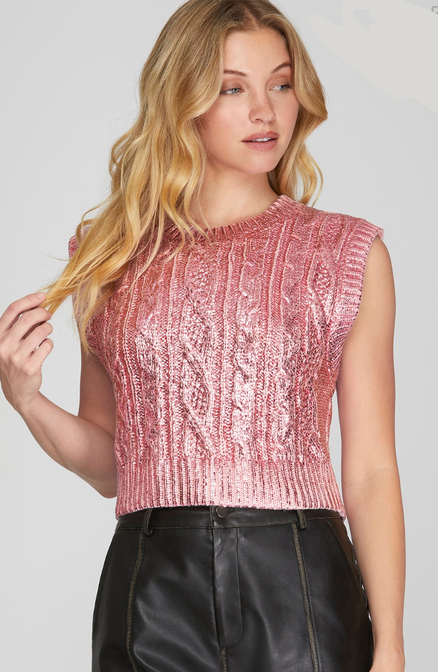 She & Sky SY6284 Sleeveless Cable Knit Crop Sweater Pink