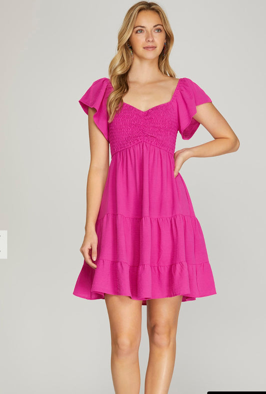 She & Sky Sy6532 Sweetheart Neck Woven Dress with Pockets Hot Pink