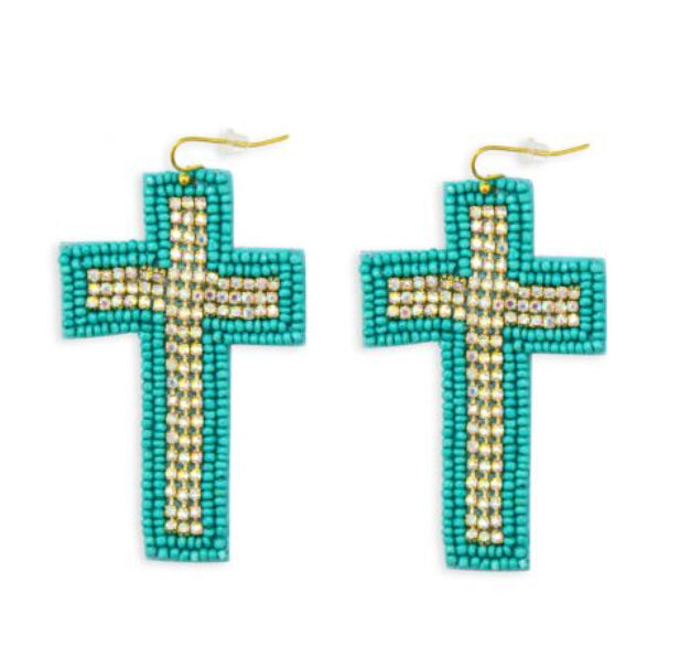 Myra Bag Beaded Cross Dangle Earrings In Teal