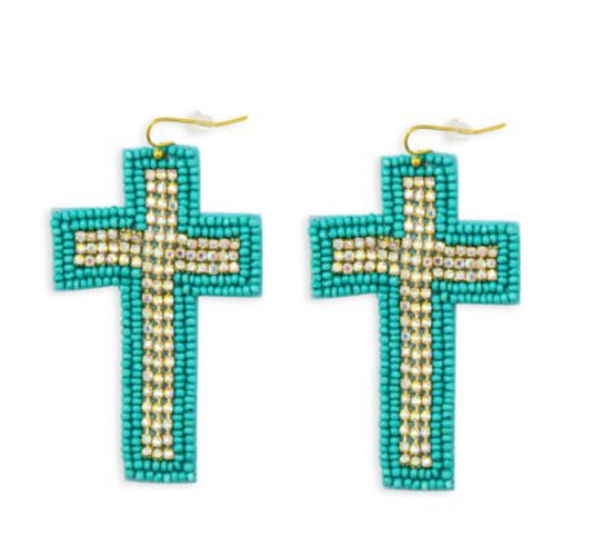 Myra Bag Beaded Cross Dangle Earrings In Teal