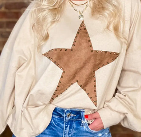 Faire Studded Star Graphic Oversized Top Apricot