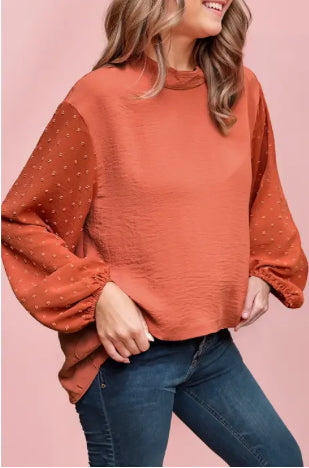 Faire Swiss Dot Balloon Sleeve Loose Top Russet Orange