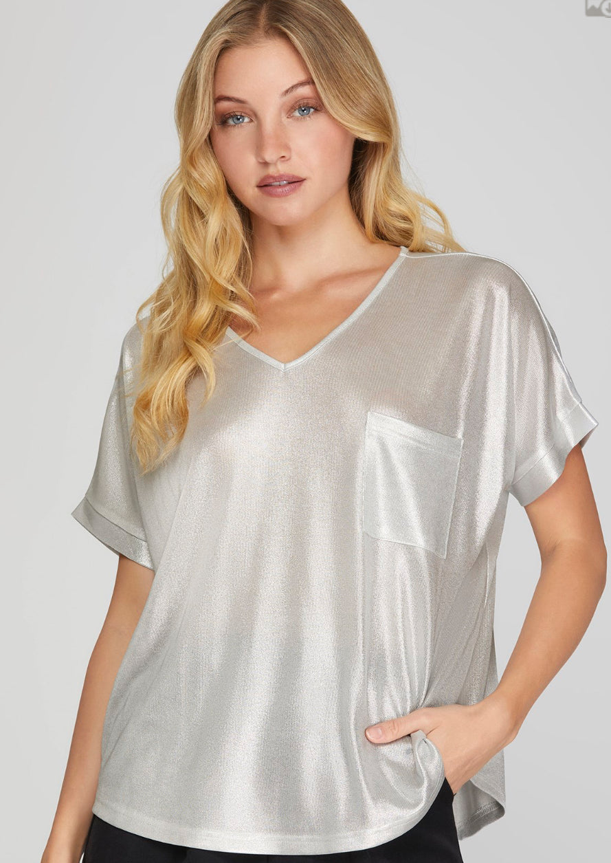 She & Sky Drop Shoulder V Neck Metallic Knit Top With Pocket  Sy6493