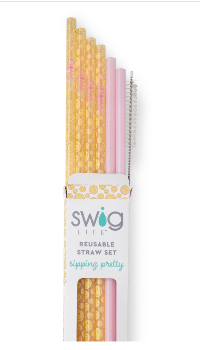 Swig Straw Set Reusable  OH Happy Day 6 Straws + 1 Cleaning Brush