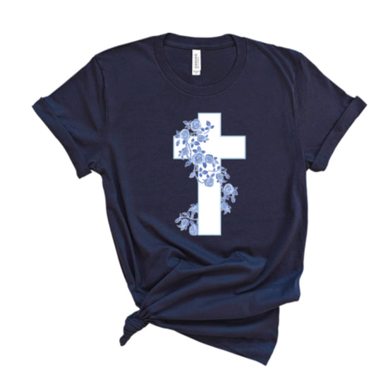 ViV & Lou Blue Floral Cross Navy S/S Tee CRS24