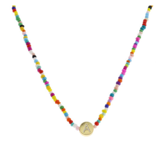 Jane Marie Kids Rainbow Multi Seed Bead Initial Gold Disc Necklace