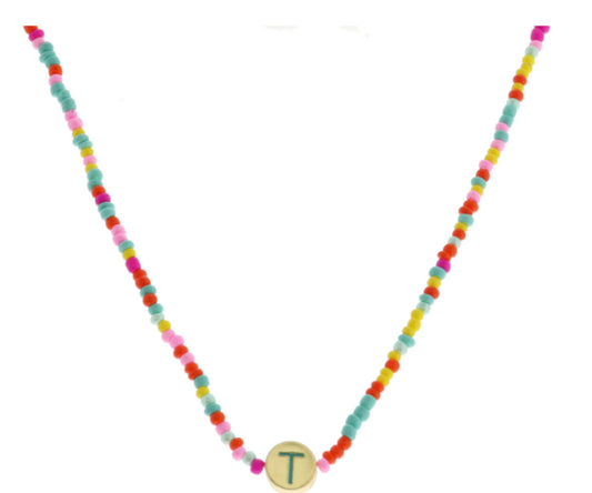 Jane Marie Kids Teal Multi Bead Initial On Gold Disc Necklace