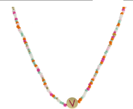 Jane Marie Kids Pink Multi Bead Initial On Gold Disc Necklace