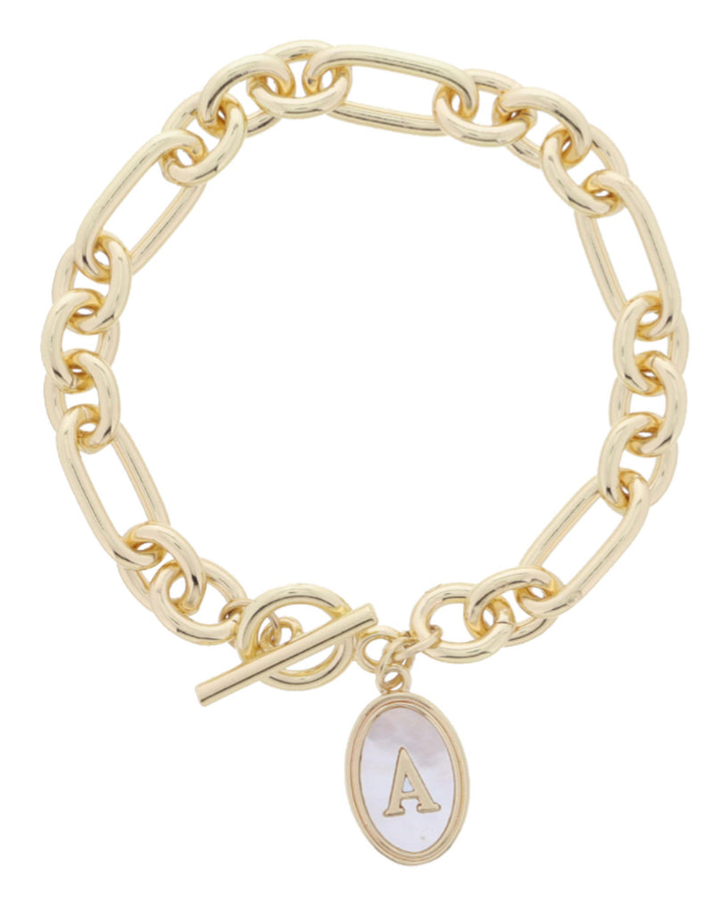 Jane Marie Gold Oval With White Shell Inlay And Gold “A” Initial Center On Gold Bracelet