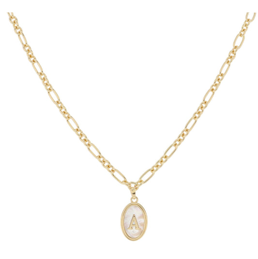 Jane Marie Gold Oval With White Shell Inlay Initial Necklace