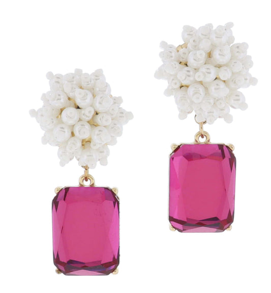 Jane Marie Pearl and White Beaded Pom Post with Large Fuchsia Emerald Crystal Earrings