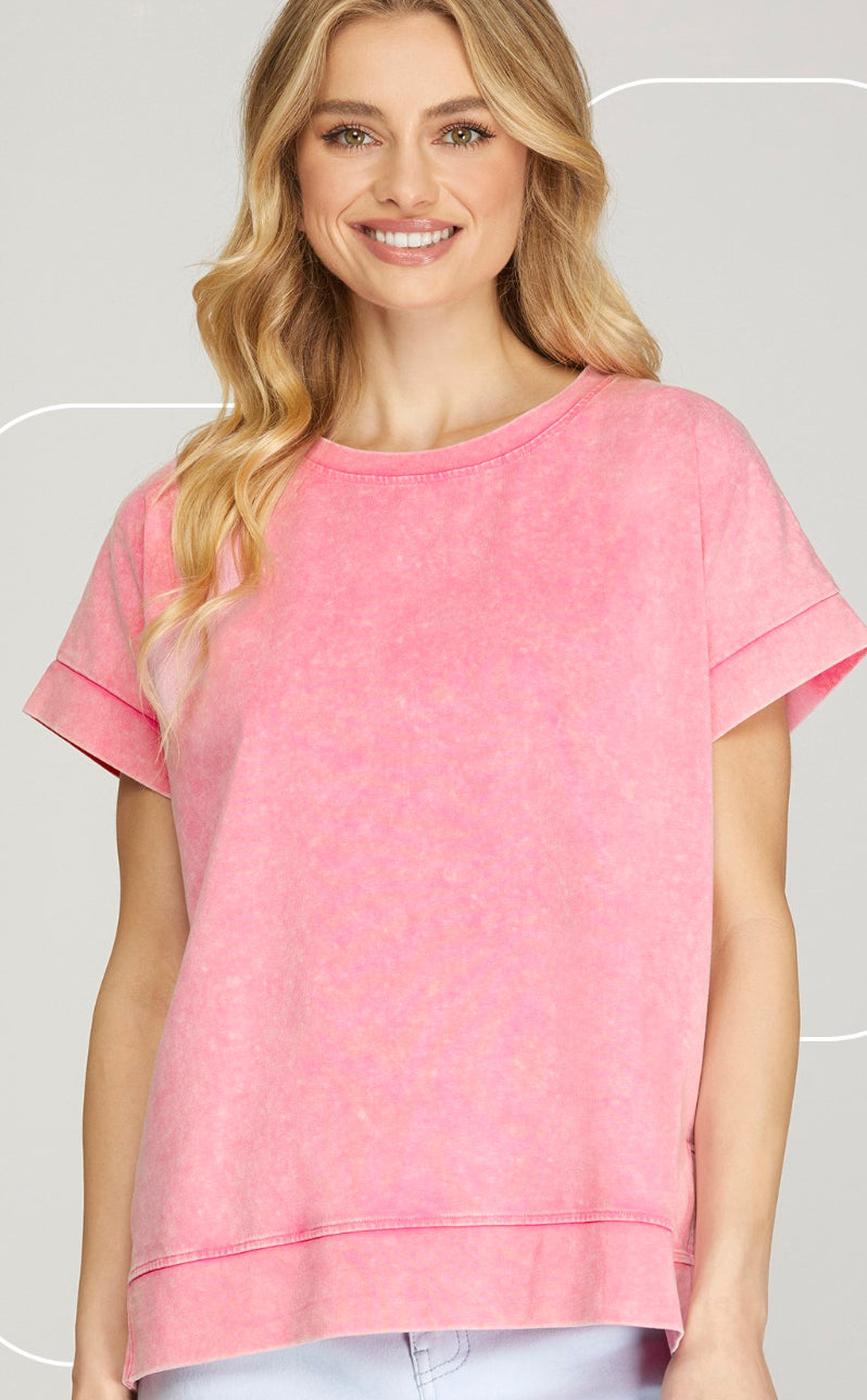 She+Sky Pink Short Sleeve Crewneck Wash Cotton T-Shirt