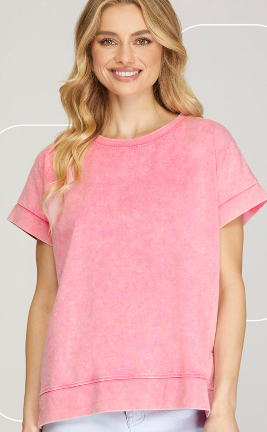 She+Sky Pink Short Sleeve Crewneck Wash Cotton T-Shirt