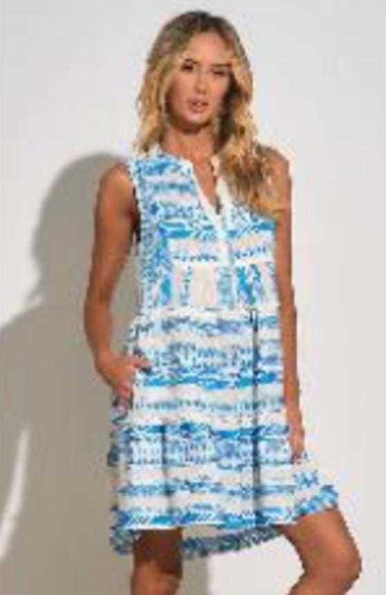 Elan Dress A Line Sleeveless White/Blue Print