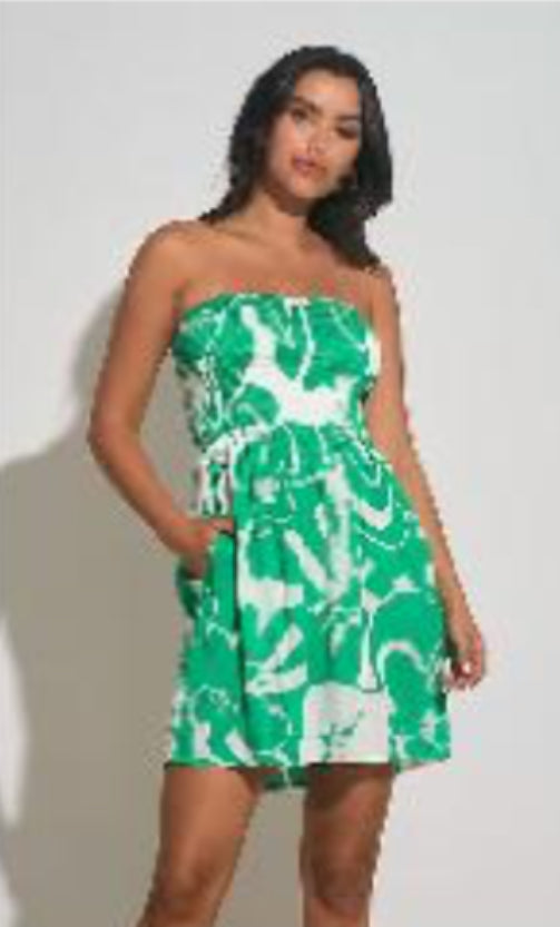 Elan Green Hibiscus Strapless Smock Dress