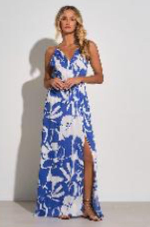 Elan Blue Hibiscus Print Maxi Vnk Tie Back Dress