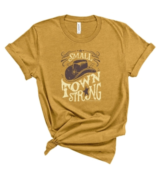 Southern Couture Premium Small Town Strong Front Print Mustard S/S Tee