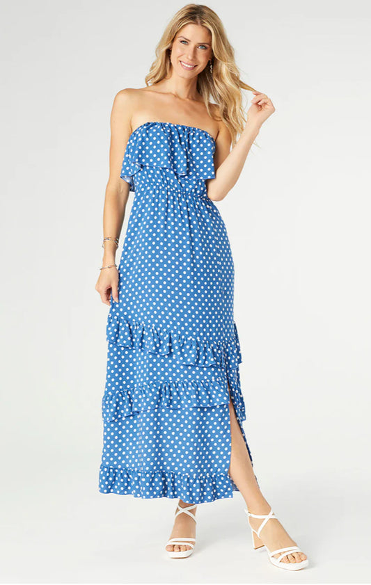 Coco+Carmen Dalia Strapless Dress With Side Slit - Blue/White Dots