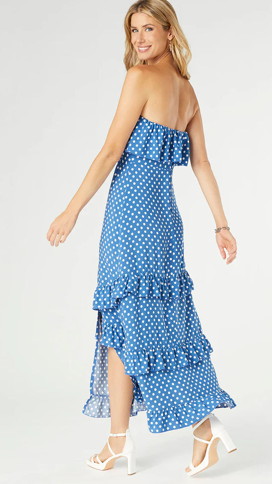 Coco+Carmen Dalia Strapless Dress With Side Slit - Blue/White Dots