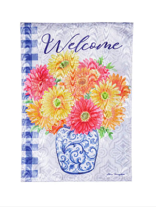 Evergreen  Garden Flag  Welcome Gerberas in Vase