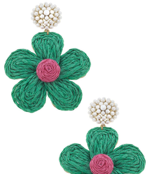 Canvas Claire Raffia Flower Pearl Drop Earrings In Green