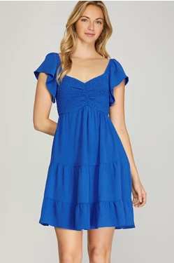 She + Sky Flutter Sleeve Smock Tiered Sweetheart Neck Woven Dress With Side Pockets