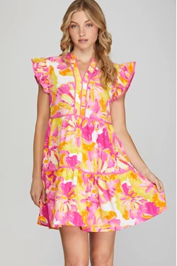 Sky + Sky Ruffle Sleeve Contrast Piping Tiered Side Floral Print Woven Dress With Side Pocket