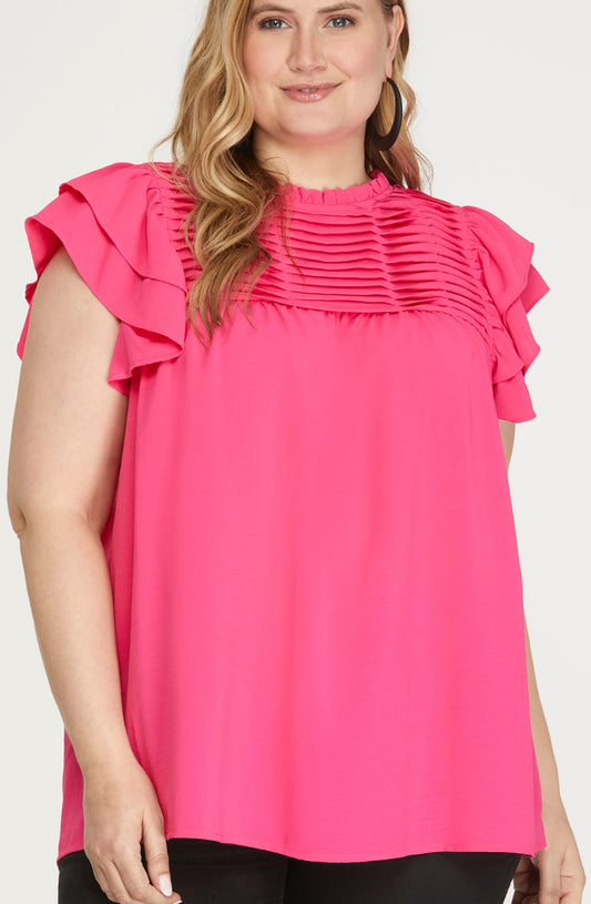 She + Sky Ruffle Sleeve Pleated York Woven Top