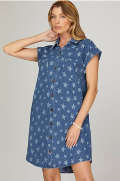 She + Sky Short Sleeve Star Print Washed Denim Button Down Shirt Dress With Pockets