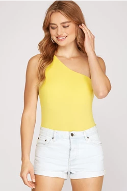 She & Sky Lemon Yellow One Shoulder Rib Bodysuit SY3485