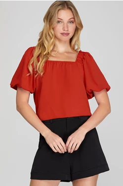 She & Sky Red Puff Sleeve Square Neck Top.