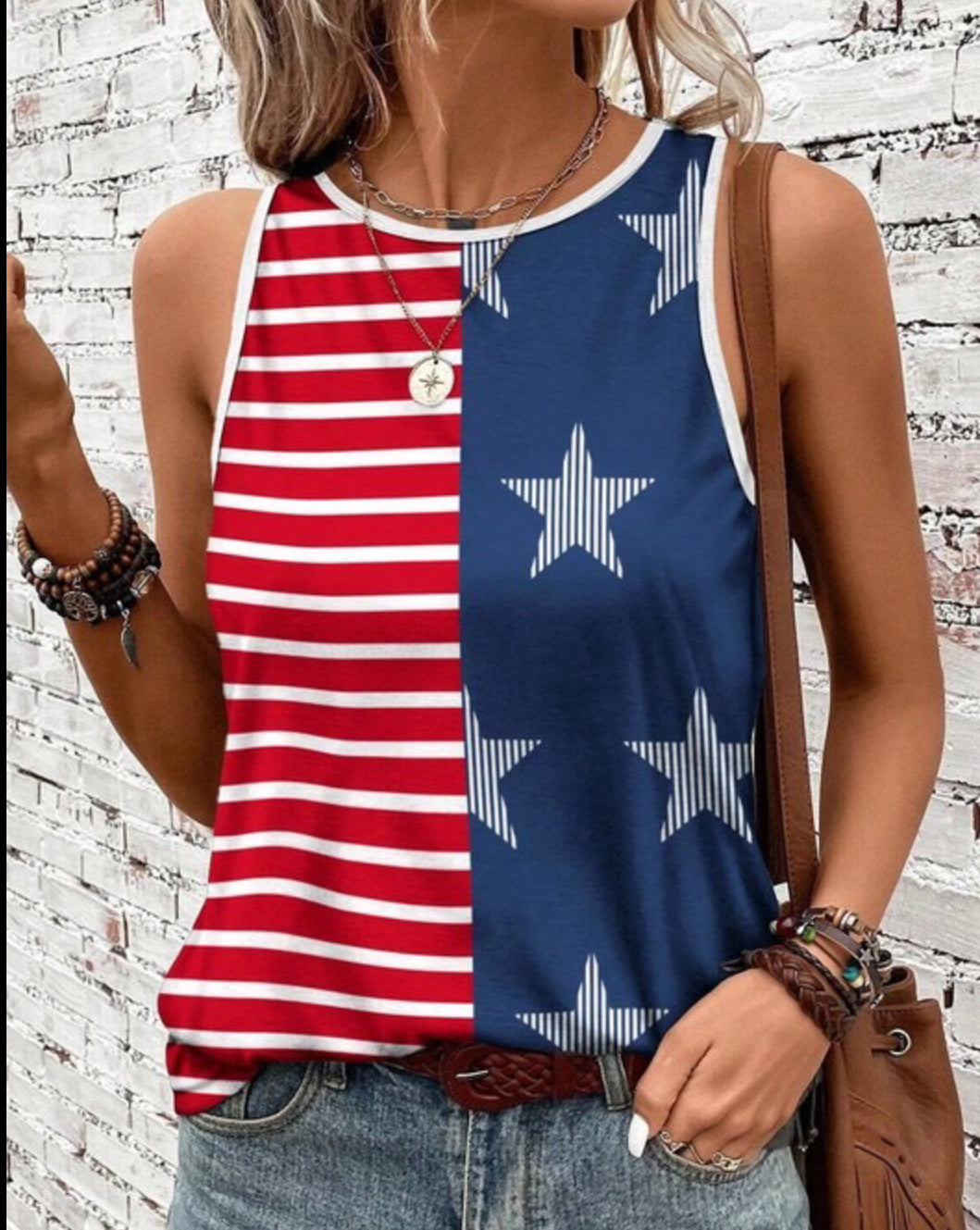 Jupiter & Me Stripped Flag Printer Round Neck Tank Top