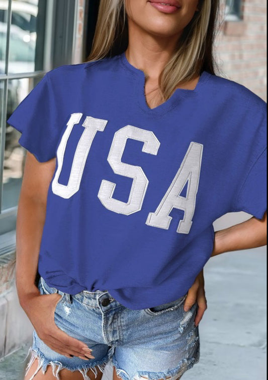 Jupiter & Me Blue USA Lettering Patch Notched Neck Loose Tee