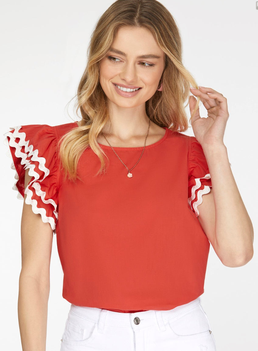 She + Sky Red Ruffle Sleeve Round Neck Woven Top With Contrast Trim