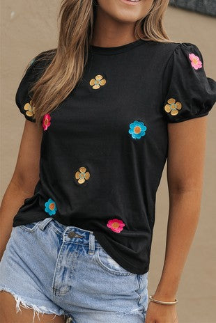 Embroidered Flower Short Puff Sleeve Tee Black