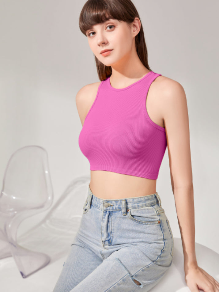 Sport Leopard HIgh Neck Rib Knit Crop Tank Top Pink