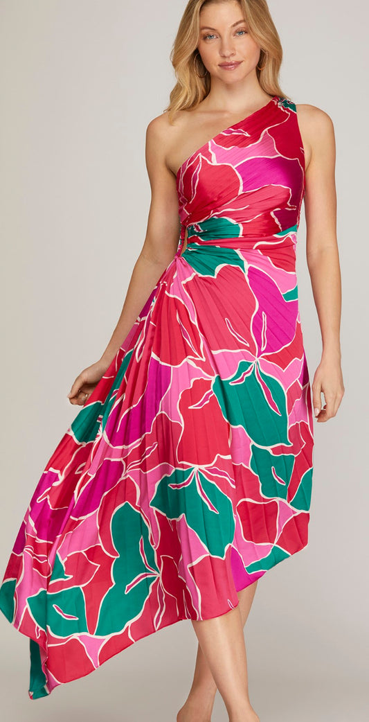 She + Sky  Fuchsia Jade One Shoulder Pleated Asymmetrical Printed Woven Dress