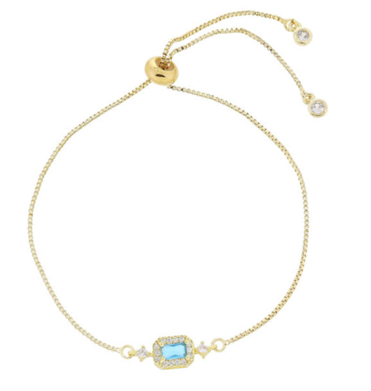 Jane Marie 18k Gold Plated March Aquamarine Baguette With Mini Crystal Outline And Accenting Crystal Link Bracelet .25” Pendant