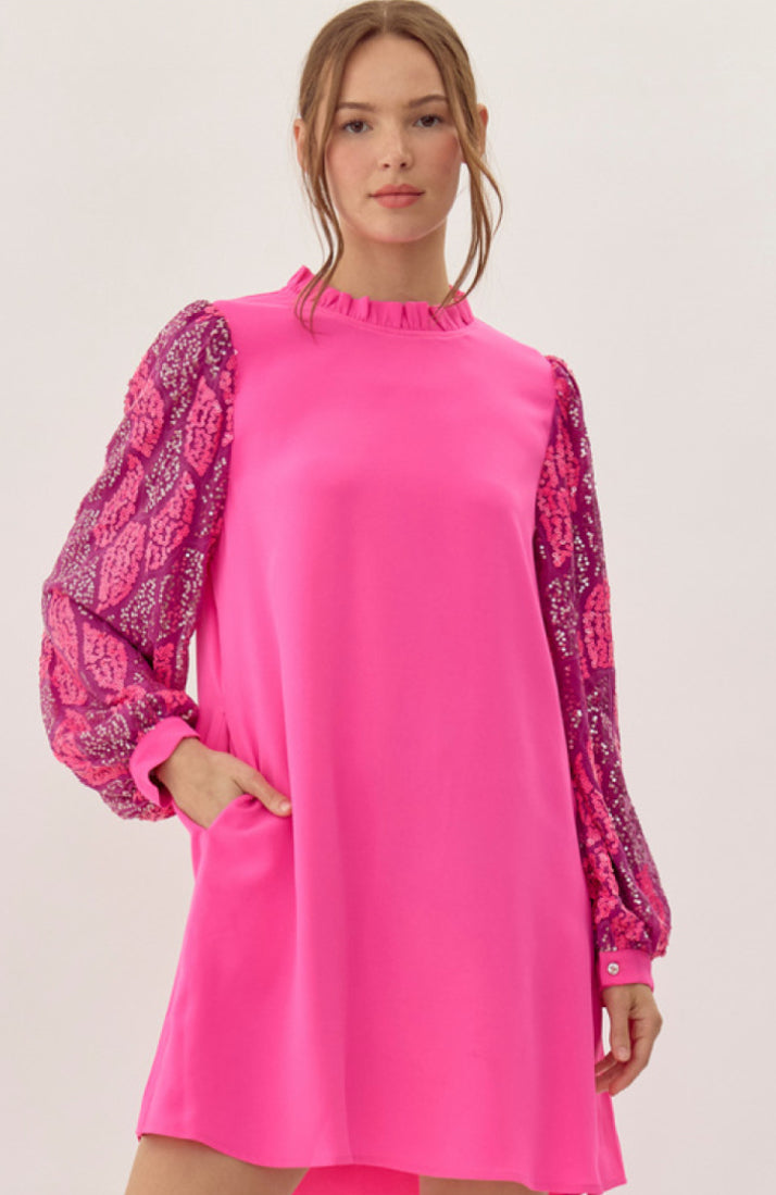 Jodifl Hot Pink Dress With Sequin Sleeves