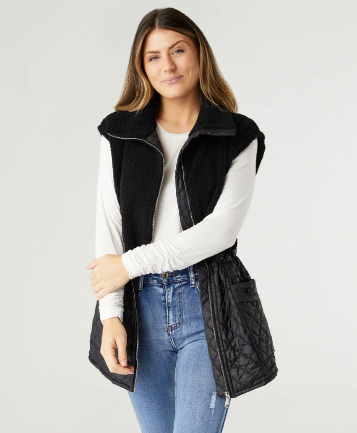 Coco+Carmen Tipper Mixed Sherpa Quilted Nylon Vest - Black