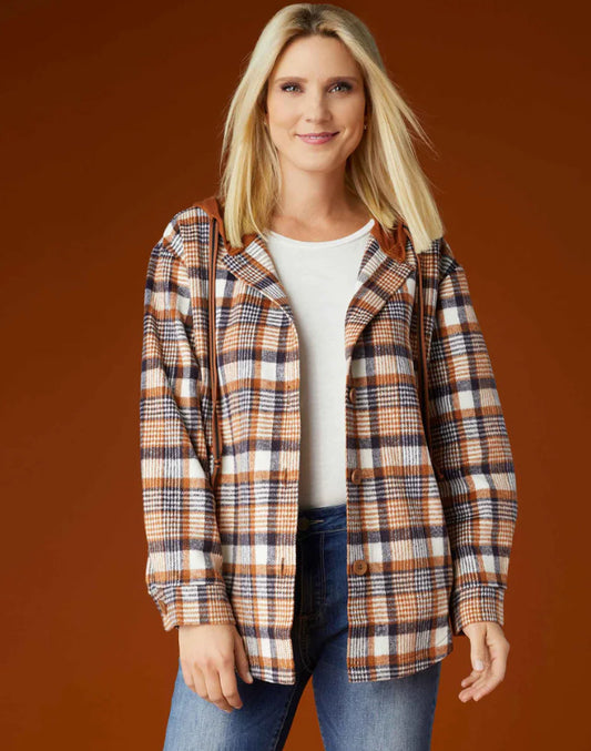 Coco+Carmen Frieda Button Front Hooded Shacket With Pockets -Rust/Navy Plaid