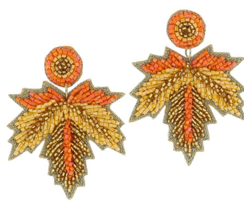 Jane Marie Orange, Yellow, Gold Beaded Post And Fall Leaf Earrings