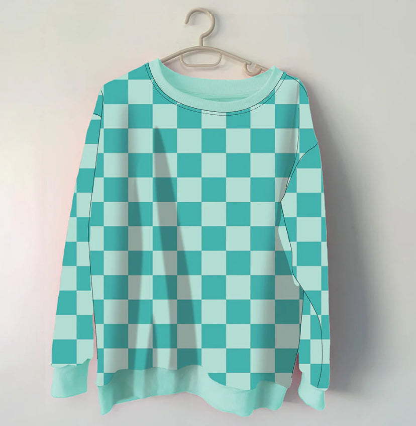 Katydid Teal Checkered Printed All Over Sweatshirt