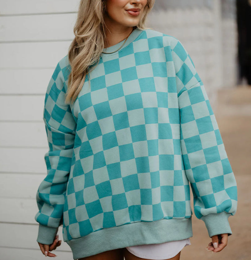 Katydid Teal Checkered Printed All Over Sweatshirt